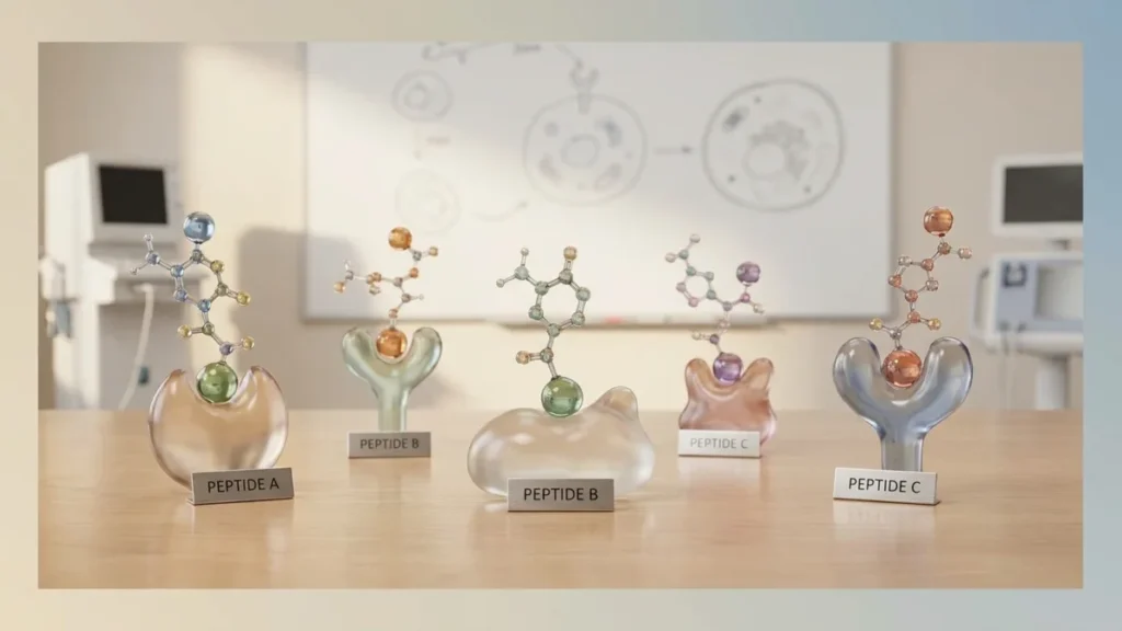A diagram shows various therapeutic peptides binding to their specific cellular receptor targets.