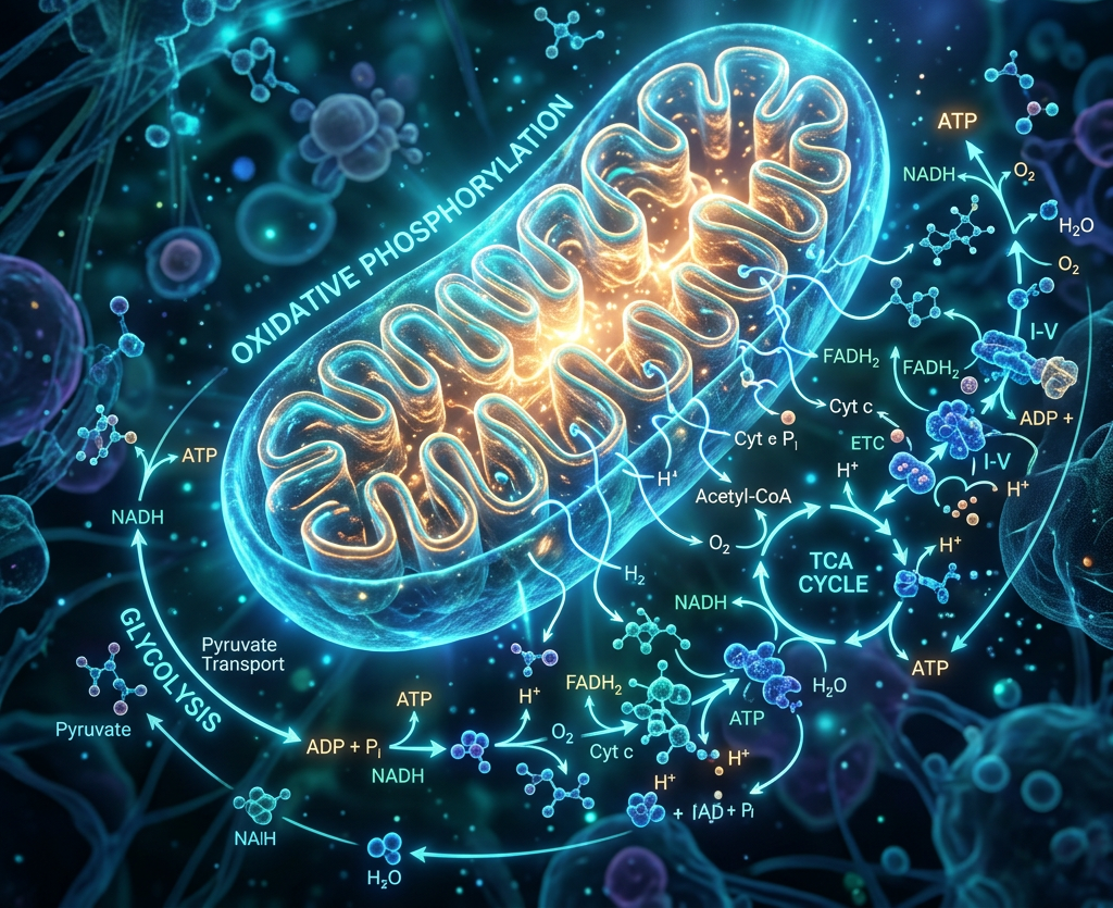 Diagram showing mitochondrial pathways: glycolysis, TCA cycle, and oxidative phosphorylation with molecular interactions