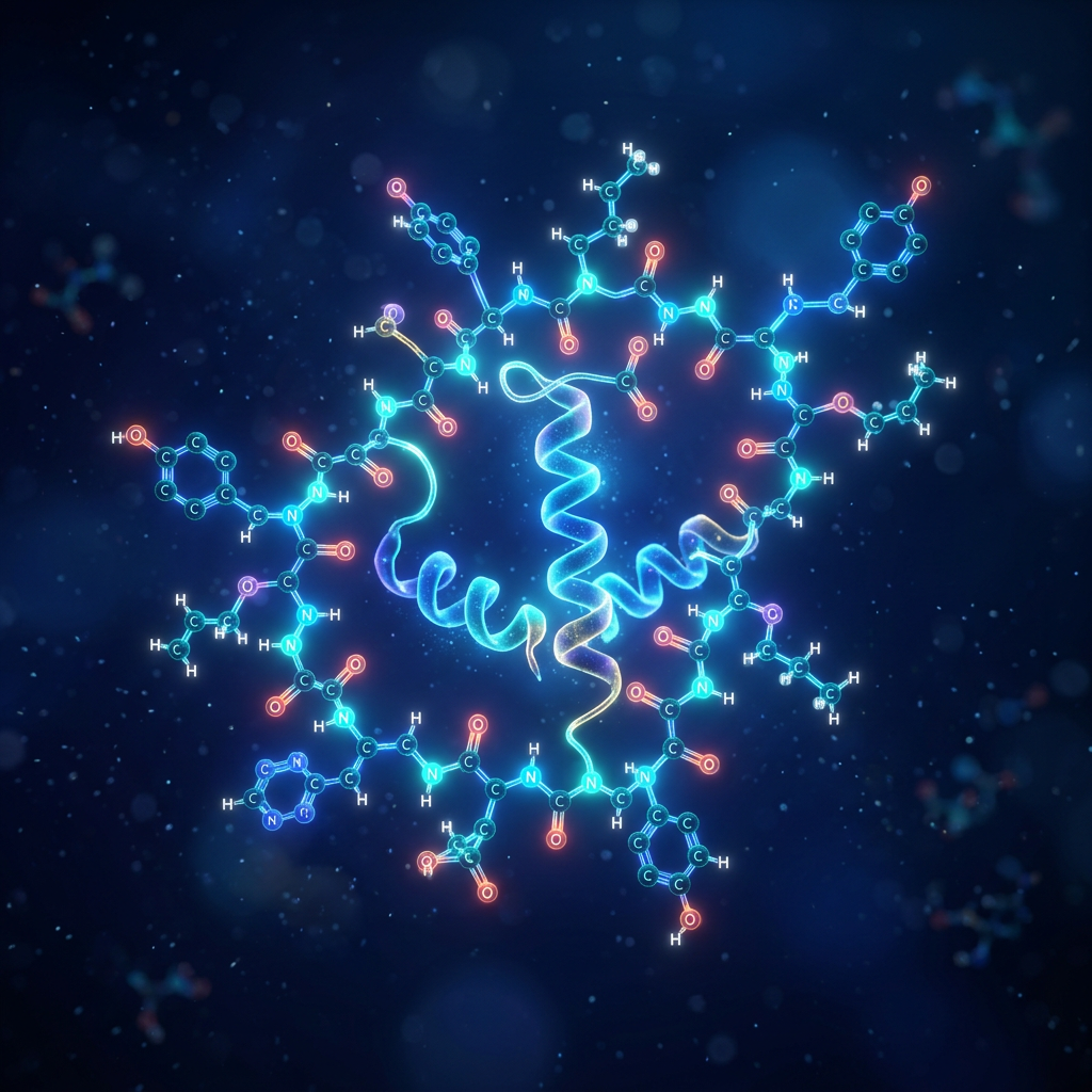3D model of a peptide molecule showing atoms, bonds, and alpha helix segment