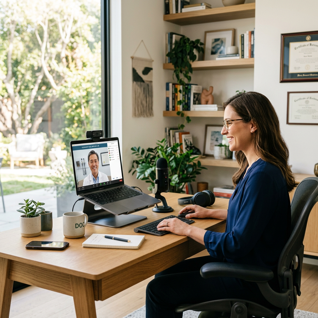 Woman talking to a doctor on a laptop during a video call at home office