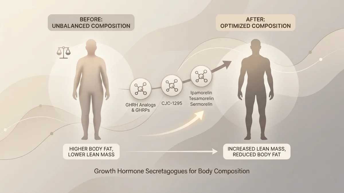 Growth hormone secretagogues like CJC-1295 and ipamorelin help optimize patient body composition.