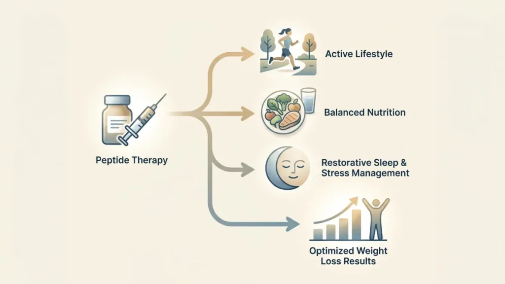 A healthy meal and workout gear represent lifestyle integration for optimizing peptide therapy results.